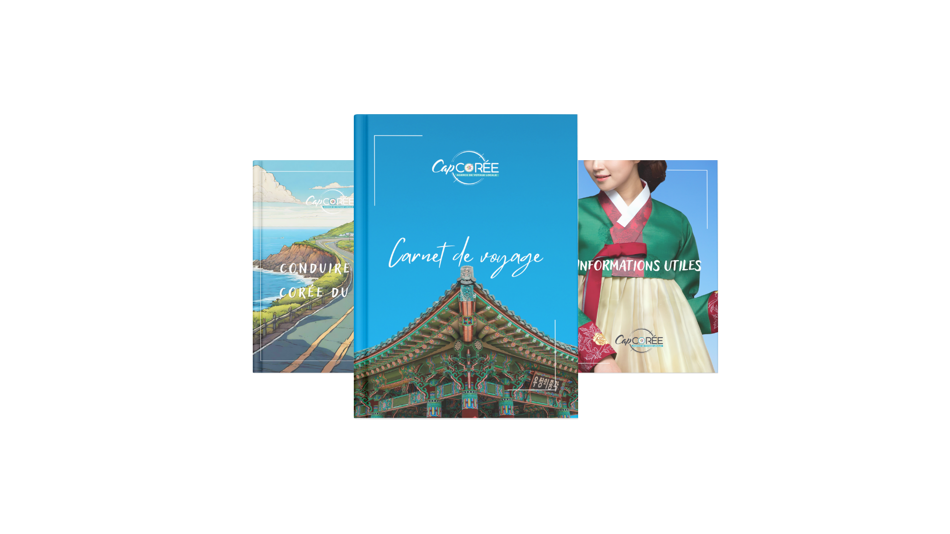 3 couvertures de livres et guides pour Voyager en Coree du Sud avec un temple coréen, une femme en habit traditionnel et une route, éditées par CapCorée.